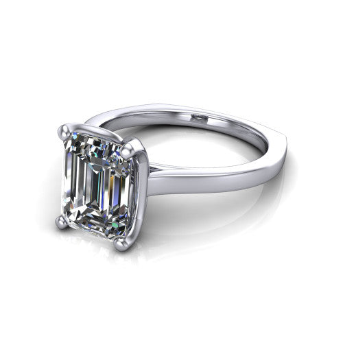 Destiny emerald solitaire engagement ring in Platinum with plain band, three-quarter perspective view