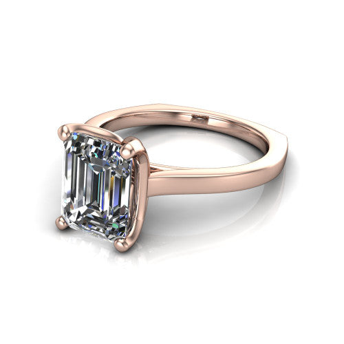 Destiny emerald solitaire engagement ring in 14K Rose Gold with plain band, three-quarter perspective view