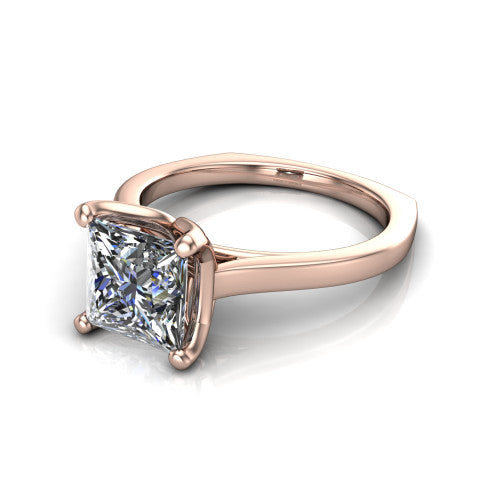 Destiny princess solitaire engagement ring in 14K Rose Gold with plain band, three-quarter perspective view