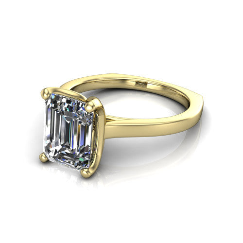 Destiny emerald solitaire engagement ring in 14K Yellow Gold with plain band, three-quarter perspective view
