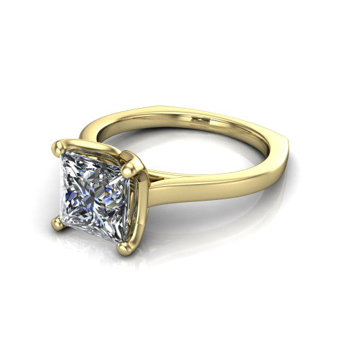 Destiny princess solitaire engagement ring in 18K Yellow Gold with plain band, three-quarter perspective view