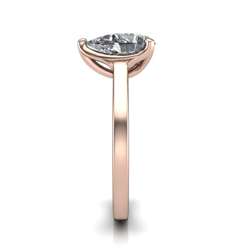 Destiny pear solitaire engagement ring in 18K Rose Gold with plain band, side profile showing the band