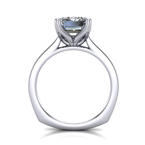 Destiny emerald solitaire engagement ring in Platinum with plain band, through-finger front profile