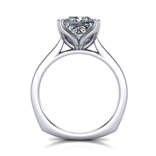 Destiny princess solitaire engagement ring in Platinum with plain band, through-finger front profile