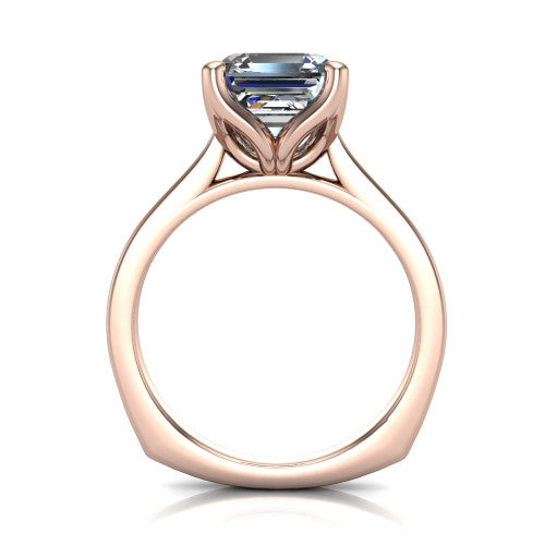 Destiny asscher halo engagement ring in 14K Rose Gold with pavé halo, through-finger front profile