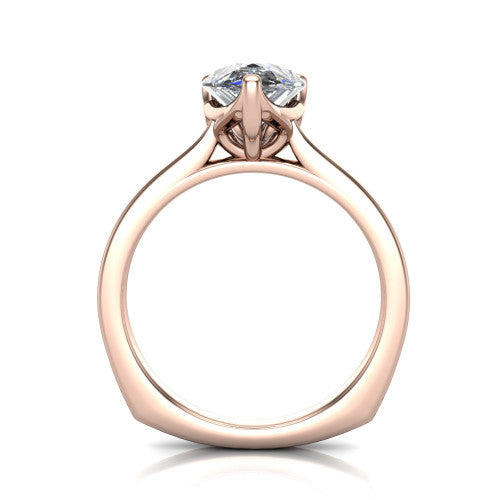 Destiny pear solitaire engagement ring in 18K Rose Gold with plain band, through-finger front profile
