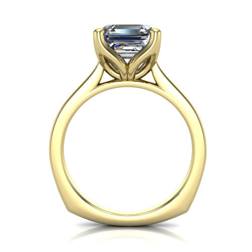 Destiny asscher halo engagement ring in 18K Yellow Gold with pavé halo, through-finger front profile