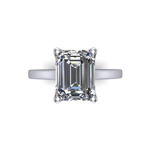 Destiny emerald solitaire engagement ring in 18K White Gold with plain band, top-down view