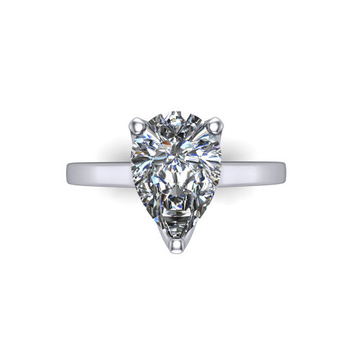 Destiny pear solitaire engagement ring in 18K White Gold with plain band, top-down view