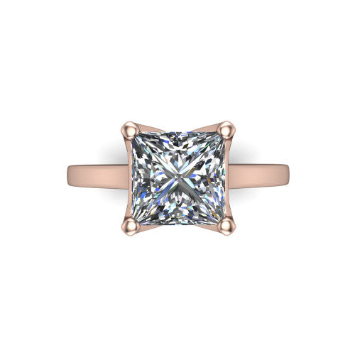 Destiny princess solitaire engagement ring in 18K Rose Gold with plain band, top-down view
