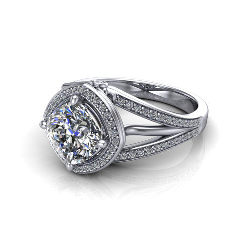 Brinley cushion vintage halo engagement ring in 14K White Gold with bezel-edged milgrain halo and pavé split shank, three-quarter perspective view
