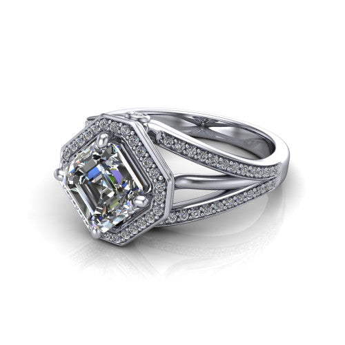 Brinley asscher vintage halo engagement ring in 18K White Gold with bezel-edged milgrain halo and pavé split shank, three-quarter perspective view
