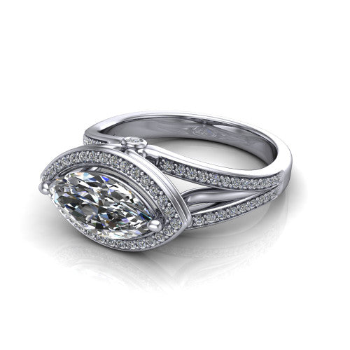 Brinley marquise vintage halo engagement ring in 18K White Gold with bezel-edged milgrain halo and pavé split shank, three-quarter perspective view