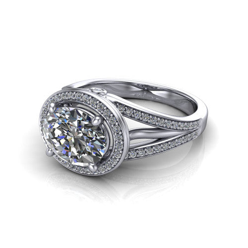 Brinley oval vintage halo engagement ring in 14K White Gold with bezel-edged milgrain halo and pavé split shank, three-quarter perspective view