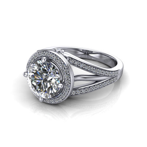 Brinley round vintage halo engagement ring in Platinum with bezel-edged milgrain halo and pavé split shank, three-quarter perspective view
