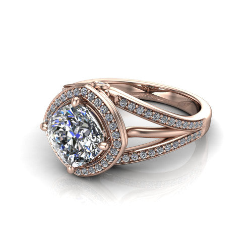 Brinley cushion vintage halo engagement ring in 18K Rose Gold with bezel-edged milgrain halo and pavé split shank, three-quarter perspective view