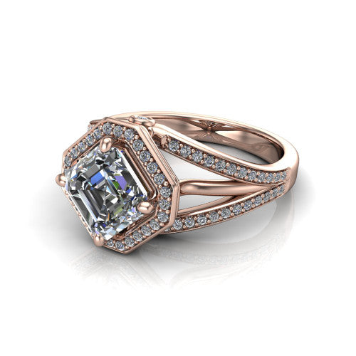 Brinley asscher vintage halo engagement ring in 14K Rose Gold with bezel-edged milgrain halo and pavé split shank, three-quarter perspective view