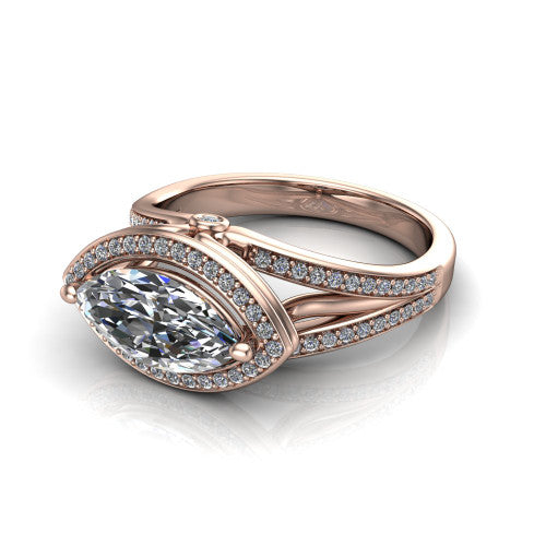 Brinley marquise vintage halo engagement ring in 14K Rose Gold with bezel-edged milgrain halo and pavé split shank, three-quarter perspective view