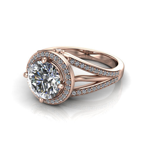 Brinley round vintage halo engagement ring in 18K Rose Gold with bezel-edged milgrain halo and pavé split shank, three-quarter perspective view