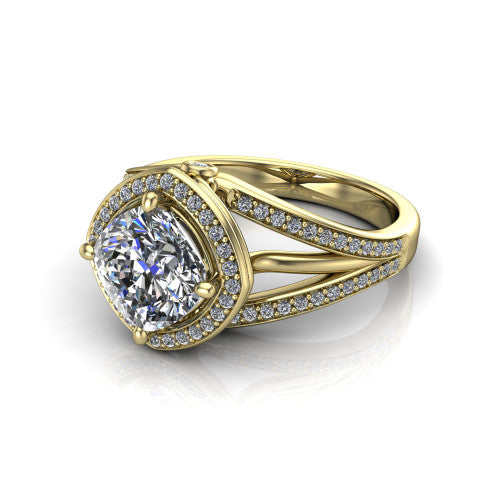 Brinley cushion vintage halo engagement ring in 14K Yellow Gold with bezel-edged milgrain halo and pavé split shank, three-quarter perspective view