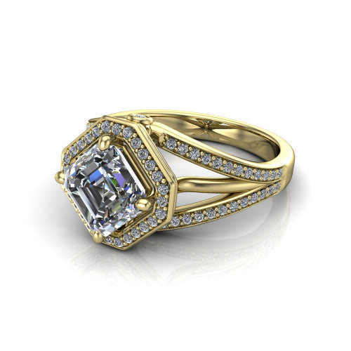 Brinley asscher vintage halo engagement ring in 14K Yellow Gold with bezel-edged milgrain halo and pavé split shank, three-quarter perspective view