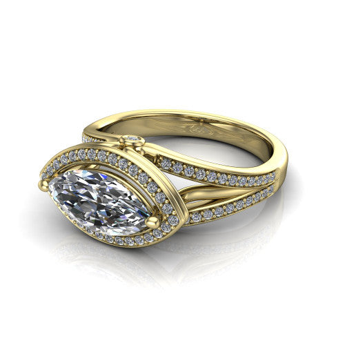 Brinley marquise vintage halo engagement ring in 18K Yellow Gold with bezel-edged milgrain halo and pavé split shank, three-quarter perspective view