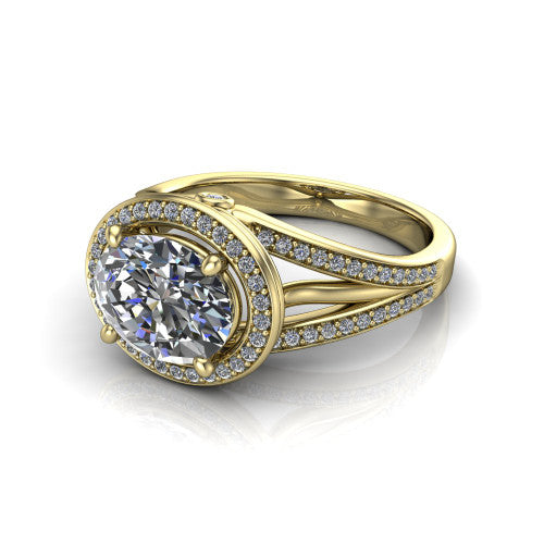 Brinley oval vintage halo engagement ring in 14K Yellow Gold with bezel-edged milgrain halo and pavé split shank, three-quarter perspective view