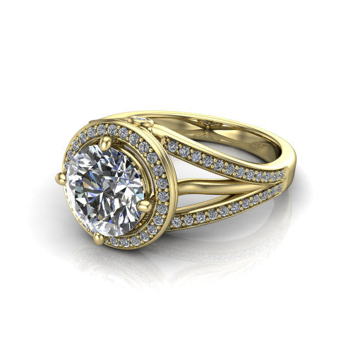 Brinley round vintage halo engagement ring in 14K Yellow Gold with bezel-edged milgrain halo and pavé split shank, three-quarter perspective view