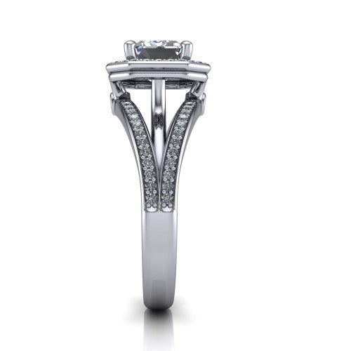 Brinley emerald vintage halo engagement ring in Platinum with bezel-edged milgrain halo and pavé split shank, side profile showing the pavé split shank and milgrain halo