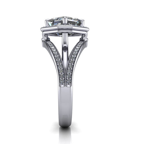 Brinley asscher vintage halo engagement ring in 14K White Gold with bezel-edged milgrain halo and pavé split shank, side profile showing the pavé split shank and milgrain halo