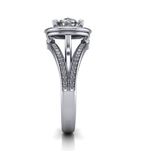 Brinley oval vintage halo engagement ring in 18K White Gold with bezel-edged milgrain halo and pavé split shank, side profile showing the pavé split shank and milgrain halo