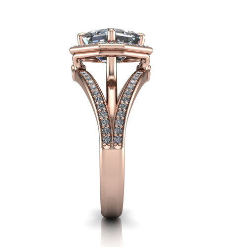 Brinley asscher vintage halo engagement ring in 18K Rose Gold with bezel-edged milgrain halo and pavé split shank, side profile showing the pavé split shank and milgrain halo