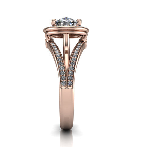 Brinley oval vintage halo engagement ring in 14K Rose Gold with bezel-edged milgrain halo and pavé split shank, side profile showing the pavé split shank and milgrain halo