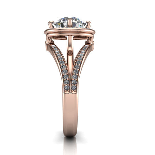 Brinley round vintage halo engagement ring in 18K Rose Gold with bezel-edged milgrain halo and pavé split shank, side profile showing the pavé split shank and milgrain halo