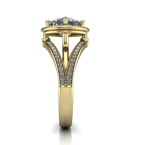 Brinley cushion vintage halo engagement ring in 14K Yellow Gold with bezel-edged milgrain halo and pavé split shank, side profile showing the pavé split shank and milgrain halo
