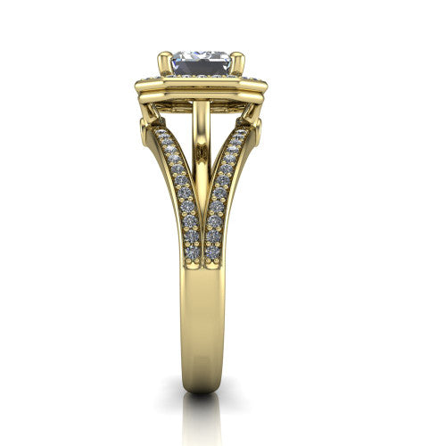 Brinley emerald vintage halo engagement ring in 14K Yellow Gold with bezel-edged milgrain halo and pavé split shank, side profile showing the pavé split shank and milgrain halo