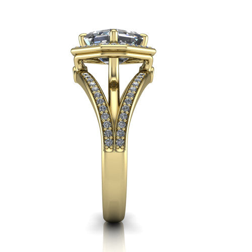 Brinley asscher vintage halo engagement ring in 14K Yellow Gold with bezel-edged milgrain halo and pavé split shank, side profile showing the pavé split shank and milgrain halo