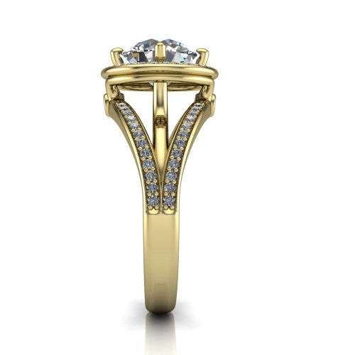 Brinley round vintage halo engagement ring in 14K Yellow Gold with bezel-edged milgrain halo and pavé split shank, side profile showing the pavé split shank and milgrain halo
