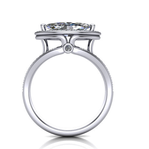 Brinley marquise vintage halo engagement ring in 14K White Gold with bezel-edged milgrain halo and pavé split shank, through-finger front profile showing the bezel-set accent
