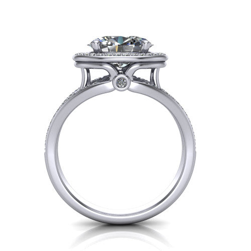 Brinley oval vintage halo engagement ring in Platinum with bezel-edged milgrain halo and pavé split shank, through-finger front profile showing the bezel-set accent
