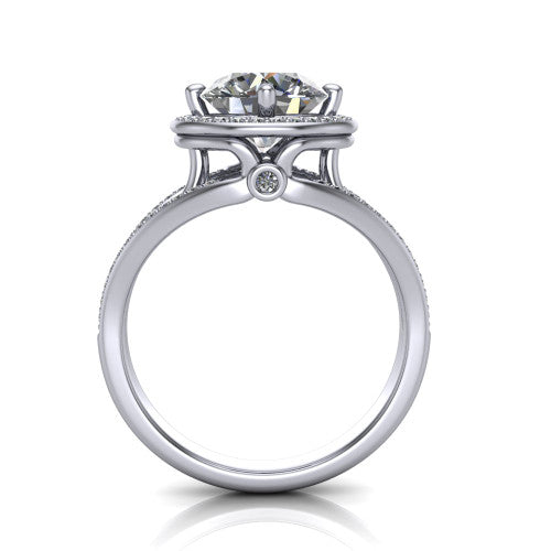 Brinley round vintage halo engagement ring in 18K White Gold with bezel-edged milgrain halo and pavé split shank, through-finger front profile showing the bezel-set accent