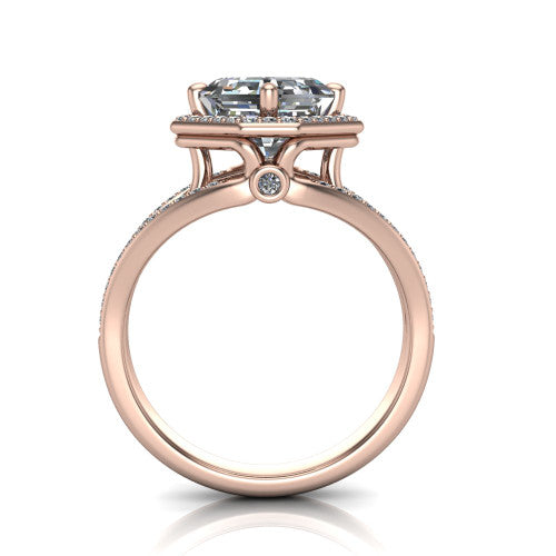 Brinley asscher vintage halo engagement ring in 14K Rose Gold with bezel-edged milgrain halo and pavé split shank, through-finger front profile showing the bezel-set accent