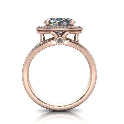 Brinley oval vintage halo engagement ring in 18K Rose Gold with bezel-edged milgrain halo and pavé split shank, through-finger front profile showing the bezel-set accent