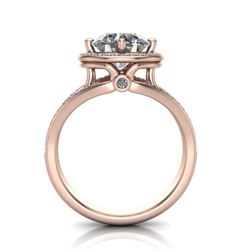 Brinley round vintage halo engagement ring in 14K Rose Gold with bezel-edged milgrain halo and pavé split shank, through-finger front profile showing the bezel-set accent