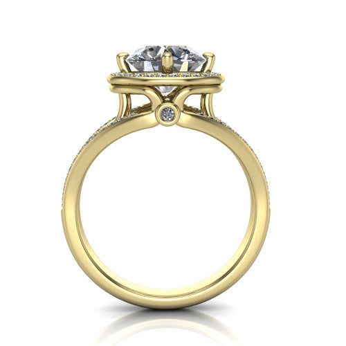 Brinley round vintage halo engagement ring in 14K Yellow Gold with bezel-edged milgrain halo and pavé split shank, through-finger front profile showing the bezel-set accent