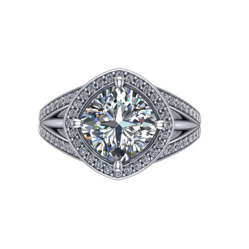 Brinley cushion vintage halo engagement ring in 18K White Gold with bezel-edged milgrain halo and pavé split shank, top-down view of the bezel-framed pavé halo