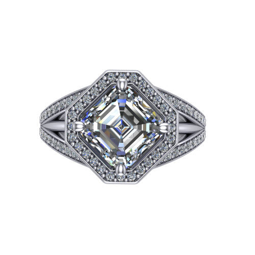 Brinley asscher vintage halo engagement ring in 14K White Gold with bezel-edged milgrain halo and pavé split shank, top-down view of the bezel-framed pavé halo