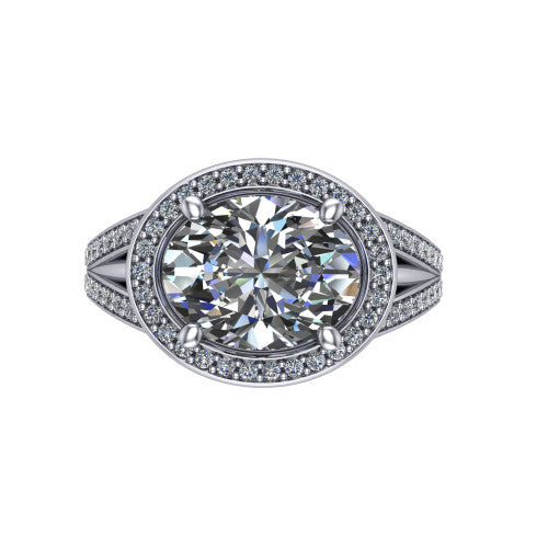 Brinley oval vintage halo engagement ring in 18K White Gold with bezel-edged milgrain halo and pavé split shank, top-down view of the bezel-framed pavé halo