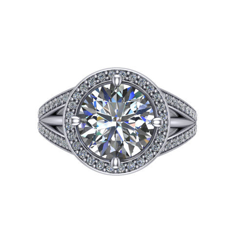 Brinley round vintage halo engagement ring in 18K White Gold with bezel-edged milgrain halo and pavé split shank, top-down view of the bezel-framed pavé halo