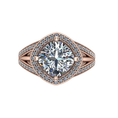 Brinley cushion vintage halo engagement ring in 18K Rose Gold with bezel-edged milgrain halo and pavé split shank, top-down view of the bezel-framed pavé halo